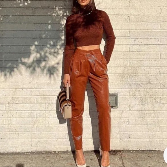 Camila Coelho Filomena Pant in Cognac size Large Women’s Faux Leather Lined - Picture 2 of 13